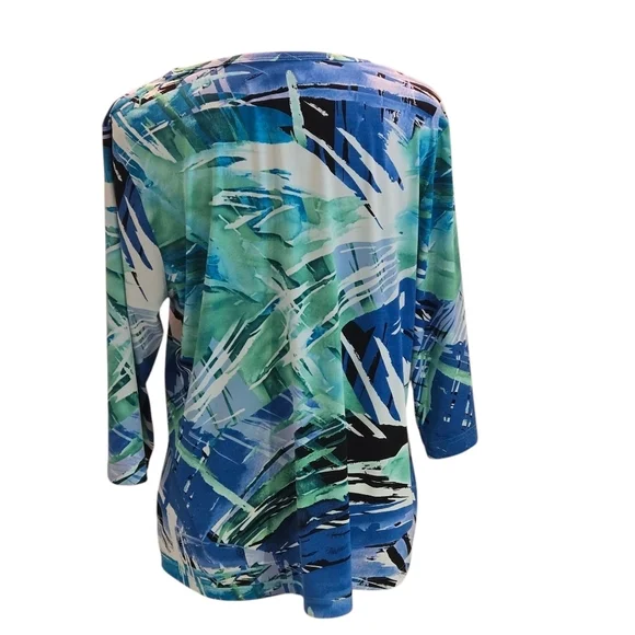 Bon Worth Women's Petite Medium Multicolor Abstract Top Ocean Colors 3/4 Sleeves - Picture 3 of 9